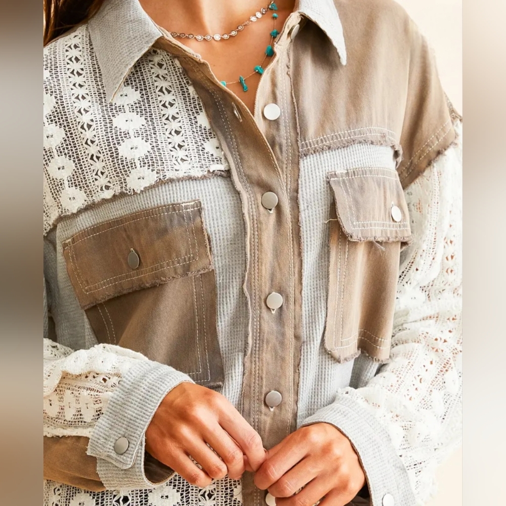 POL Patchwork Lace Button-Down Shirt; Size L; New - image 6